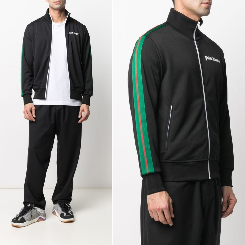 Palm Angels Black Jacket with Green Stripes